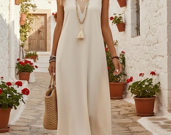 Linnen maxi-jurk dames, mouwloze boho-jurk, losse linnen zomerjurk, strandvakantie-outfit, minimalistische resortjurk