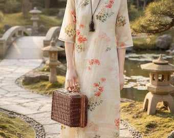 Linnen midi-jurk dames, minimalistische losvallende jurk, casual linnen jurk met korte mouwen, eenvoudige alledaagse outfit, zomerlinnen jurk, veelkleurig