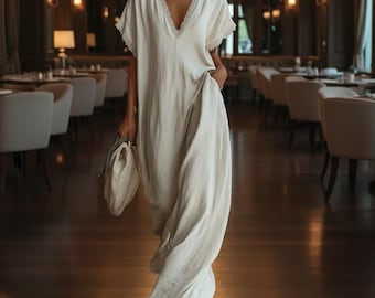 Linnen maxi-jurk vrouwen, boho-jurk met kanten rand, losse pasvorm zomerjurk, elegante strandjurk, minimalistische linnen outfit, resortkleding, veelkleurig