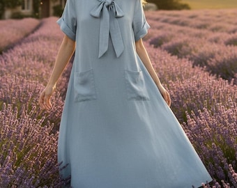 Linnen midi-jurk dames, losvallende zakjurk, minimalistische zomerlinnen jurk, casual alledaagse outfit, elegante groene jurk