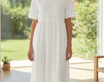 Linnen midi-jurk dames, losse pasvorm minimalistische jurk, vrijetijdsjurk met korte mouwen, eenvoudige linnen outfit, alledaagse zomerjurk, veelkleurig
