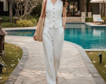 Linnen set dames vest en broek, op maat gemaakte tweedelige outfit, broek met wijde pijpen, minimalistische zomercollectie, veelkleurig