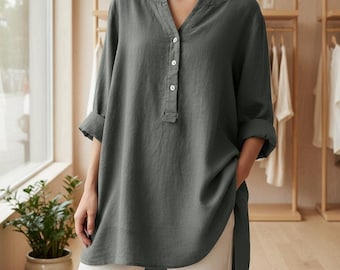 Linnen blouse dames, losvallende tuniektop met knopen, casual lang linnen shirt, minimalistische zomertop, ontspannen alledaagse blouse