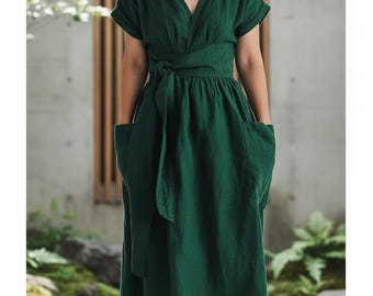 Linnen omslag midi-jurk dames, jurk met V-hals stropdas taille met zakken, casual losse pasvorm zomerjurk, minimalistische outfit, veelkleurig
