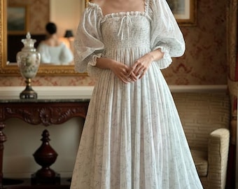 Linnen cottagecore-jurk, vintage jurk met pofmouwen, gesmokte linnen jurk, romantische zomerjurk, outfit in prairiestijl