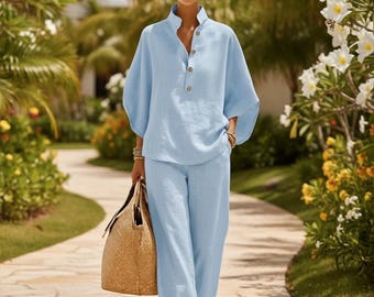 Linnen tweedelig set dames, ontspannen boho-outfit, ademend shirt en broekset, resortkleding, vakantie-outfit, losse linnenset