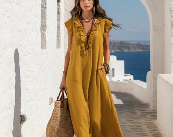 Linnen maxi-jurk dames, boho zomerjurk, losse pasvorm strandjurk, resortkleding, mouwloze linnen jurk, vakantie-outfit, veelkleurig