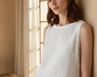 Linnen crop tanktop dames, minimalistische mouwloze blouse, zomerlinnen shirt, casual losse bohotop