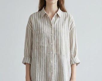 Oversized linnen shirt dames, gestreepte strandjurk, zomervakantieshirt, relaxte pasvorm, minimalistische losse top, resortkleding
