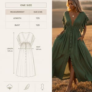 May include: Olive green maxi dress with a button-down front, flutter sleeves, and pockets. The dress is one size, with a length of 135 cm and a bust of 120 cm. The fabric is 100% cotton, soft, breathable, and offers a relaxed fit. The size guide is included.
