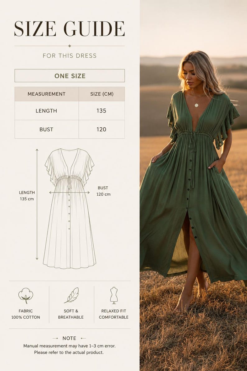 May include: Olive green maxi dress with a button-down front, flutter sleeves, and pockets. The dress is one size, with a length of 135 cm and a bust of 120 cm. The fabric is 100% cotton, soft, breathable, and offers a relaxed fit. The size guide is included.