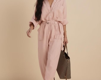 Linnen jumpsuit dames, romper met knoopsluiting, minimalistische outfit uit één stuk, casual zomer linnen jumpsuit outfit