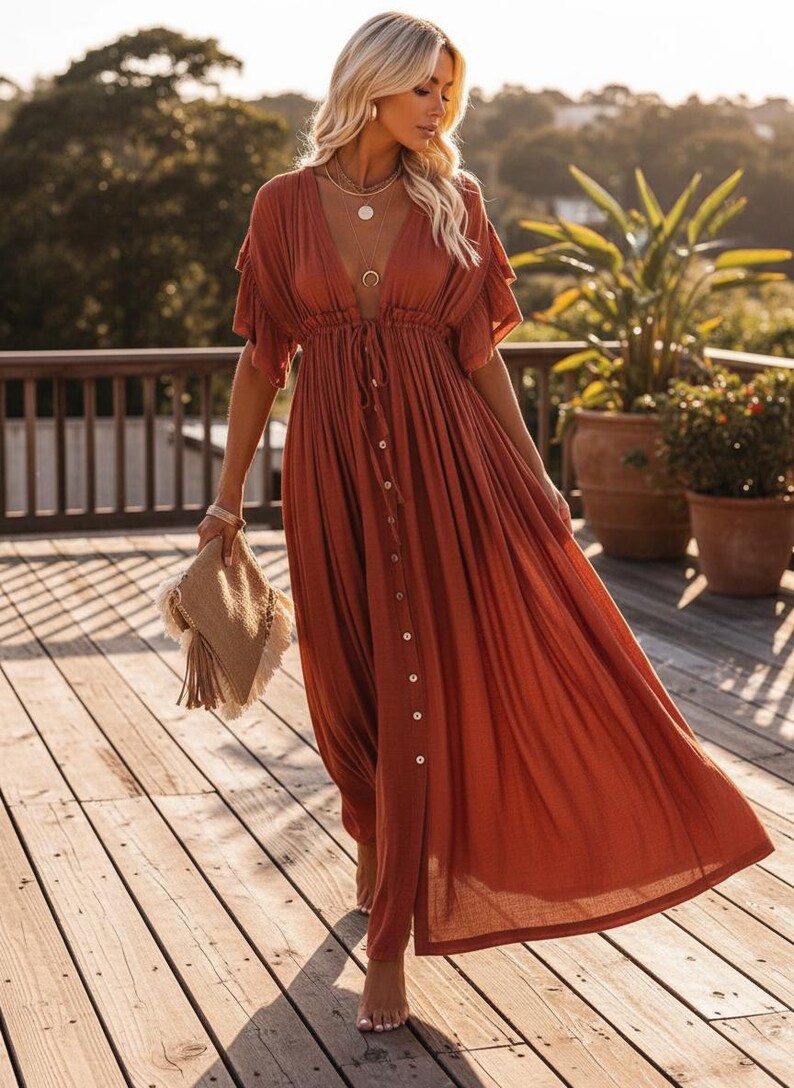 May include: Rust-colored maxi dress with a V-neckline, short flutter sleeves, and a button-down front. The dress features a drawstring waist and is worn with a woven clutch. The model is standing on a wooden deck.