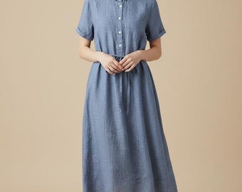 Linnen midi-jurk vrouwen, jurk in Japanse stijl, losse pasvorm minimalistische jurk, zomerlinnen jurk, oversized vrijetijdsjurk, slow fashion outfit