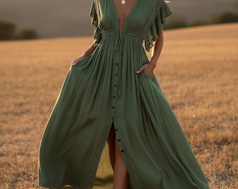 Katoenen maxi-jurk dames, boho strandjurk, vloeiende resortjurk, losse zomerkaftan, vakantie-outfit, elegante katoenen jurk