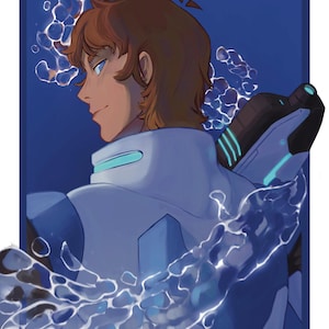 May include: Digital illustration of a person with brown hair and blue eyes, looking to the side. The person is wearing a white and blue suit with a black arm. The background is a gradient of blue with water-like effects.