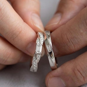 Matching Couple Rings Set, Baguette Moissanite Band in 925 Sterling Silver, His and Hers Wedding Rings, Minimalist Engagement Gift