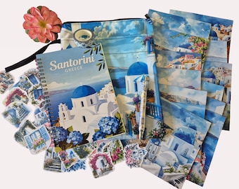 Set de diario de viaje de Santorini | Diario de viaje tamaño A5 con cinta washi y bolígrafo | Regalo para Grecia