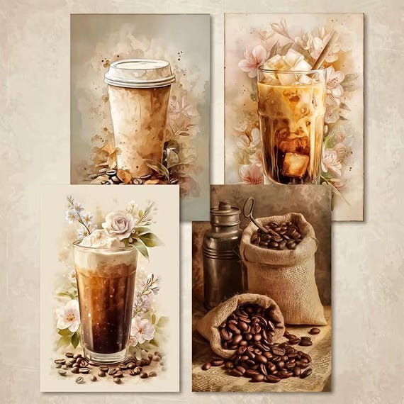 Papier journal café A5 | 12 feuilles aquarelle avec latte glacé, grains de café et gâteaux | tons chauds d'automne