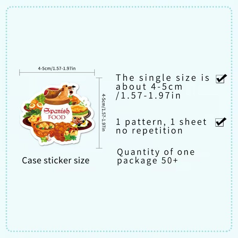 Pu&ograve; includere: Un adesivo con un'illustrazione colorata di cibo spagnolo, tra cui paella e tapas. L'adesivo misura circa 4-5 cm e riporta la scritta "Spanish Food". L'adesivo &egrave; progettato per l'uso su custodie.