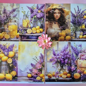 Pode incluir: Uma colagem de ilustra&ccedil;&otilde;es em aquarela com lim&otilde;es, lavanda e uma mulher com um chap&eacute;u amarelo. As imagens incluem potes de limonada, lim&otilde;es e uma bolsa. A paleta de cores &eacute; suave, com tons de amarelo, roxo e verde.