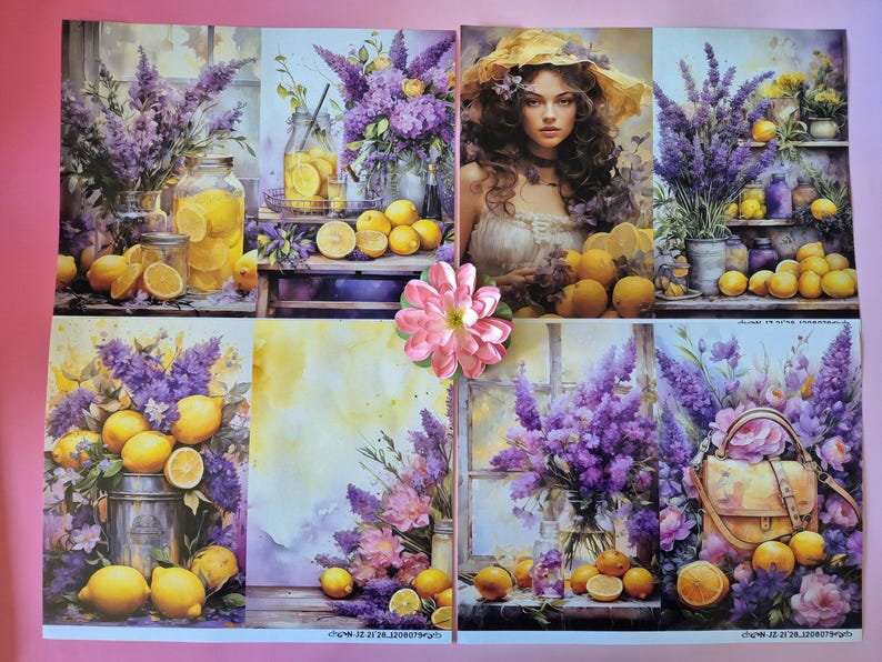Pode incluir: Uma colagem de ilustra&ccedil;&otilde;es em aquarela com lim&otilde;es, lavanda e uma mulher com um chap&eacute;u amarelo. As imagens incluem potes de limonada, lim&otilde;es e uma bolsa. A paleta de cores &eacute; suave, com tons de amarelo, roxo e verde.