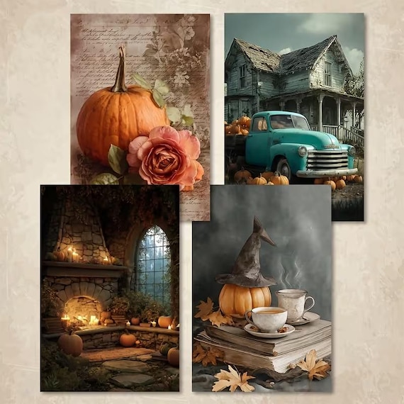 Journal papier Halloween en herfst A5 | 12 vellen met spookhuis, pompoen en kaarslicht | donkere vintage scrapbook set