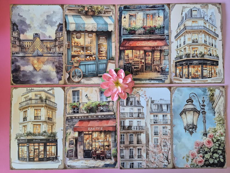 May include: A collection of eight watercolour prints showcasing Parisian scenes. The prints feature buildings, cafes, and landmarks, including the Louvre and a bakery with a bicycle. The colour palette includes blues, browns, and pinks, with a distressed border.