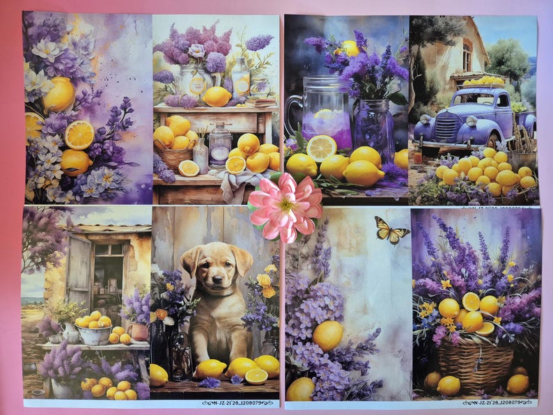 Pode incluir: Uma colagem de imagens em aquarela com lim&otilde;es, lavanda e um cachorrinho. As imagens mostram lim&otilde;es em cestos, potes e um caminh&atilde;o, com buqu&ecirc;s de lavanda. Uma borboleta e uma flor rosa tamb&eacute;m est&atilde;o presentes.
