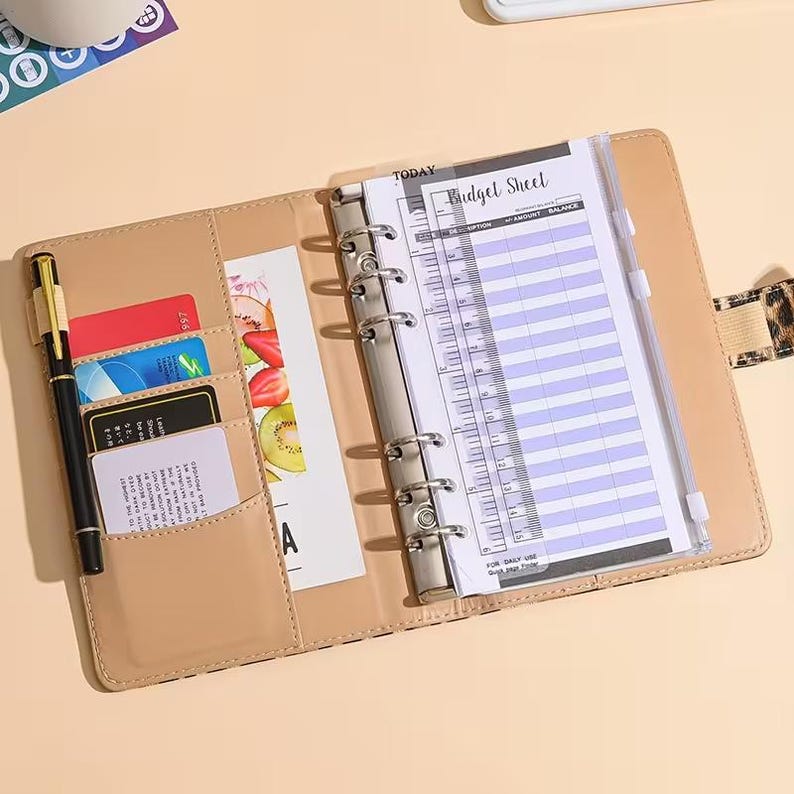 Op de afbeelding: Open beige kunstleren map met een luipaardprint accent. De map bevat een budgetblad, creditcards en een pen. De map is open en onthult het interieur met vakken en een ringmechanisme.