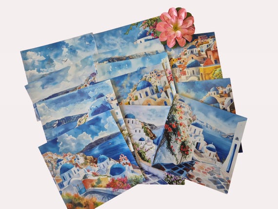Scrapbook papier Santorini aquarel | Grieks reisdagboek papier 15x15 cm | decoratiepapier set 12 vellen