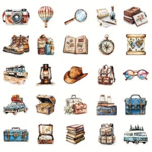 K&ouml;nnte beinhalten: Eine Sammlung von Aquarellillustrationen mit Objekten zum Thema Reisen. Enth&auml;lt eine Vintage-Kamera, einen Hei&szlig;luftballon, eine Lupe, Stiefel, einen Kompass, eine Karte, einen Rucksack, einen Cowboyhut, eine Schatzkiste, ein Oldtimer und einen Koffer.
