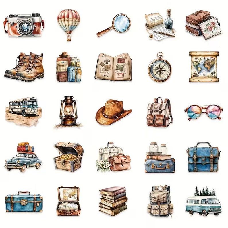 K&ouml;nnte beinhalten: Eine Sammlung von Aquarellillustrationen mit Objekten zum Thema Reisen. Enth&auml;lt eine Vintage-Kamera, einen Hei&szlig;luftballon, eine Lupe, Stiefel, einen Kompass, eine Karte, einen Rucksack, einen Cowboyhut, eine Schatzkiste, ein Oldtimer und einen Koffer.