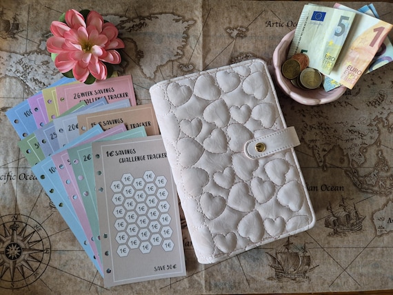 Cash stuffing starter set hartjes | A6 budgetmap enveloppenmethode | spaar voor je droomreis