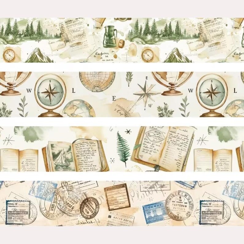 Pu&ograve; includere: Un nastro adesivo decorativo con un motivo ripetitivo di temi di viaggio vintage, tra cui foreste di pini verdi, cime montuose, bussole, mappamondi, diari aperti con schizzi di barche a vela e vari francobolli con testo scritto a mano.