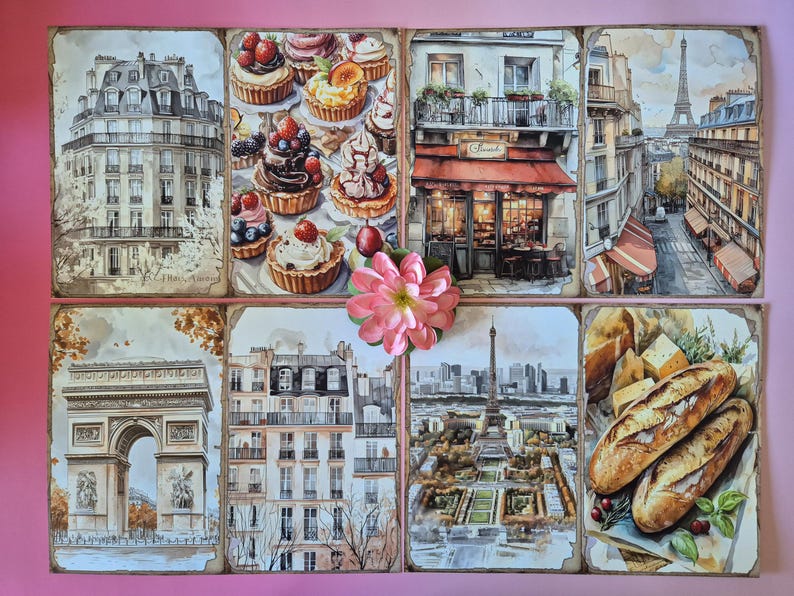 May include: Watercolour artwork depicting Parisian scenes, including buildings, the Eiffel Tower, and a bakery. The artwork also depicts various pastries, bread, and cheese. A pink flower is placed in the centre of the artwork.