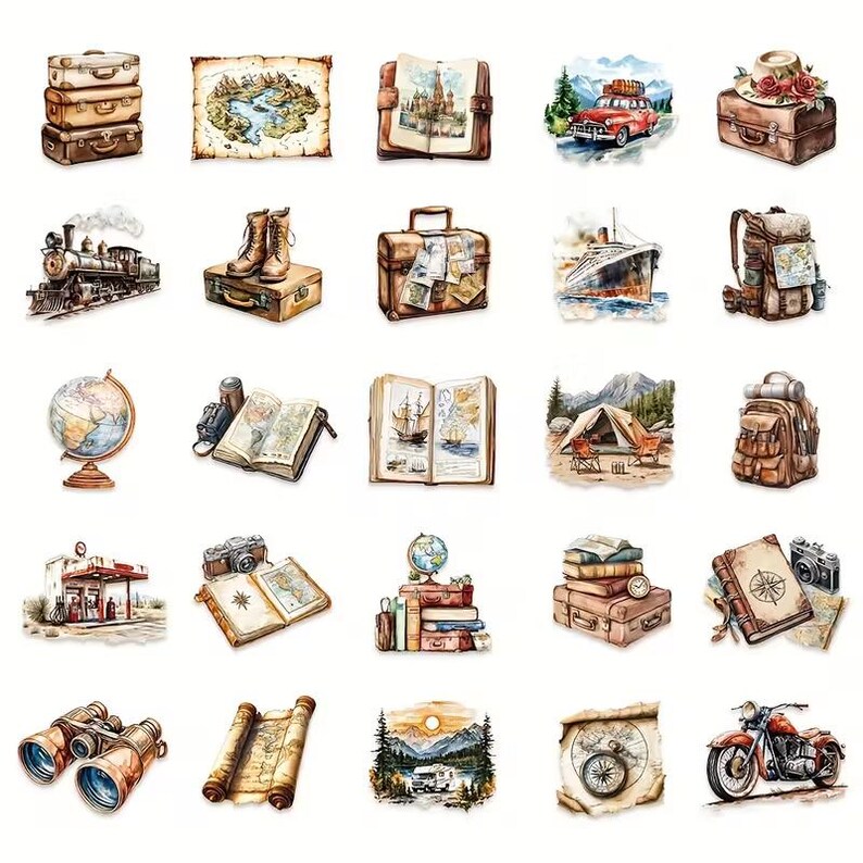 K&ouml;nnte beinhalten: Aquarellillustrationen von Reiseartikeln, darunter Koffer, Karten, ein Zug, ein Oldtimer, ein Schiff, ein Rucksack, ein Globus, eine Kamera, ein Zelt, ein Fernglas, ein Motorrad und B&uuml;cher. Die Artikel sind in Braun-, Beige- und Blaut&ouml;nen gehalten.