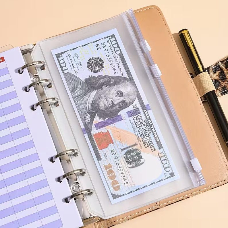 Op de afbeelding: Een beige ringbandplanner met een doorzichtige plastic zak met ritssluiting met een biljet van 100 dollar. Een zwarte pen met gouden accenten en een pennenhouder met luipaardprint zijn zichtbaar. De planner heeft gelinieerde pagina's.