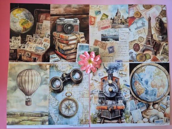 Journal papier vintage travel A4 | 12 vellen reisdagboek decoratiepapier | full-page journaling set