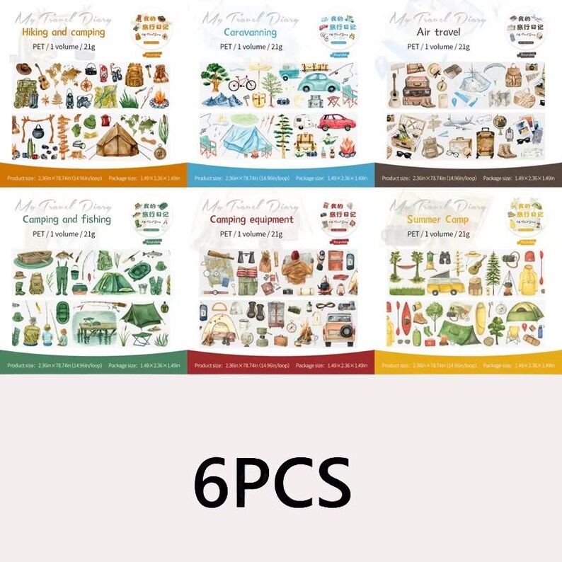 K&ouml;nnte beinhalten: Ein Set aus sechs PET-Aufkleberrollen mit dem Titel My Travel Diary, die Themen wie Wandern, Caravaning, Flugreisen, Camping, Angeln und Sommercamp zeigen. Jede Rolle enth&auml;lt bunte Aquarellillustrationen von Reise- und Outdoor-Ausr&uuml;stung.