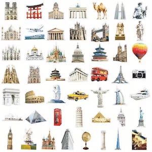 May include: A collage of stickers depicting global landmarks and travel icons. Includes the Eiffel Tower, Taj Mahal, Big Ben, a red double-decker bus, a yellow taxi, and a hot air balloon. The stickers are in various colours and styles.