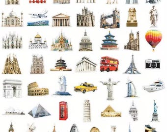 Sticker weltberühmte Sehenswürdigkeiten | 50 Stück für Journal und Koffer | Eiffelturm Taj Mahal