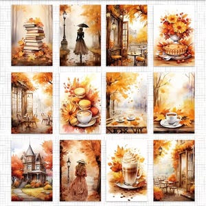 Op de afbeelding: Een collectie van twaalf rechthoekige kunstprints met herfstthema aquarelillustraties, waaronder scènes van een stapel boeken, een persoon met een paraplu, terrasjes, een taart, macarons, koffiekopjes, een huis en herfstbladeren.