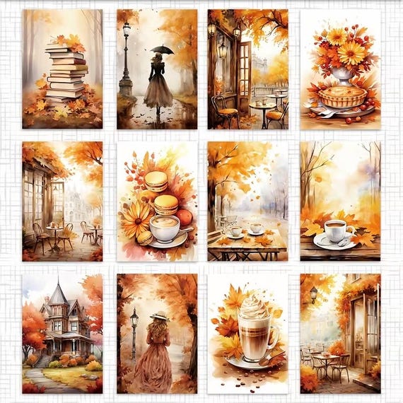 Journal papier herfst A5 | 12 vellen aquarel met caféterrassen, herfstbladeren en koffie | zachte oranje tinten