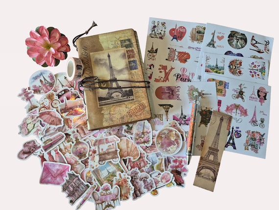 Parijs travel journal set | reisdagboek A6 met Eiffeltoren pen en stickers | cadeau Parijs reiziger