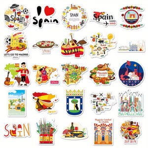 Pu&ograve; includere: Una collezione di adesivi colorati a tema Spagna. I disegni includono mappe, monumenti, cibo e simboli culturali. Gli adesivi presentano testi come "Spagna", "Madrid" e "Barcellona", con varie illustrazioni.