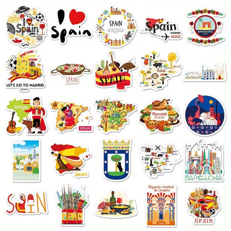 Pu&ograve; includere: Una collezione di adesivi colorati a tema Spagna. I disegni includono mappe, monumenti, cibo e simboli culturali. Gli adesivi presentano testi come "Spagna", "Madrid" e "Barcellona", con varie illustrazioni.
