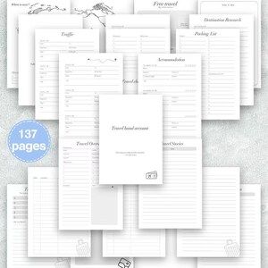 Op de afbeelding: Een verzameling witte reisdagboekpagina's met titels als "Waarheen?", "Verkeer" en "Accommodatie". Het dagboek heeft 137 pagina's en bevat een "Travel hand account" sectie. De pagina's zijn ontworpen voor reisplanning en journaling.
