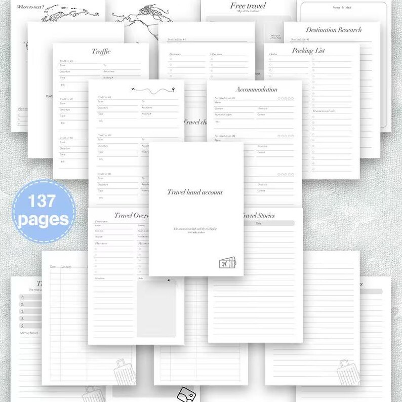 Op de afbeelding: Een verzameling witte reisdagboekpagina's met titels als "Waarheen?", "Verkeer" en "Accommodatie". Het dagboek heeft 137 pagina's en bevat een "Travel hand account" sectie. De pagina's zijn ontworpen voor reisplanning en journaling.