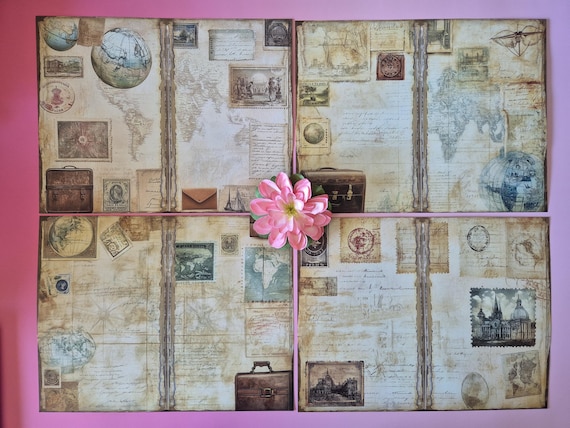 Journal papier vintage travel 10 vellen | reisdagboek decoratiepapier 26x20 cm | compact journaling set
